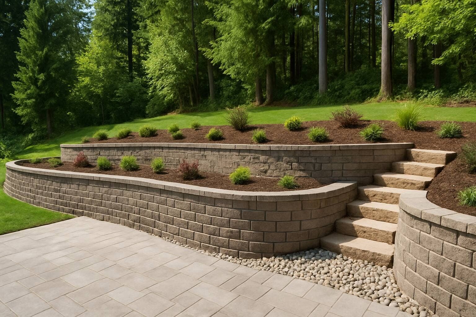 Segmental retaining wall with steps and drainage